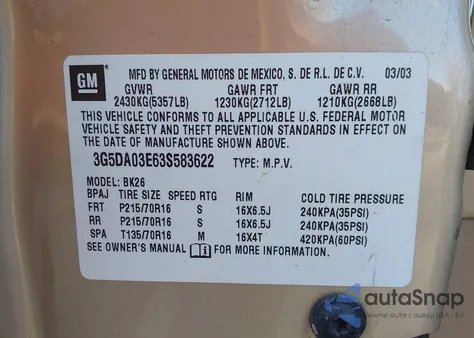 2003 Buick Rendezvous Cxl z USA, uszkodzony, nr VIN 3G5DA03E63S583622